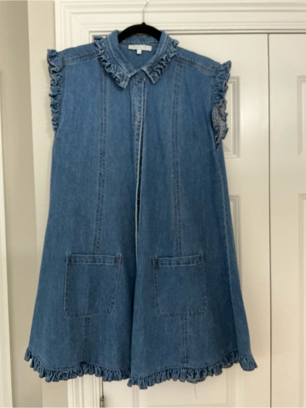 Olivaceous Light Blue Ruffle-Trim Denim Top